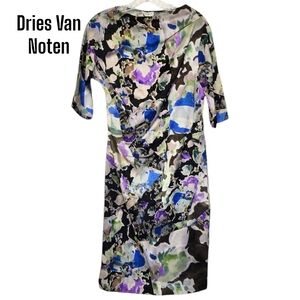 Dries Van Noten Sz 36 Pullover Abstract Floral 3/4 Sleeve 100% Silk Midi Dress.